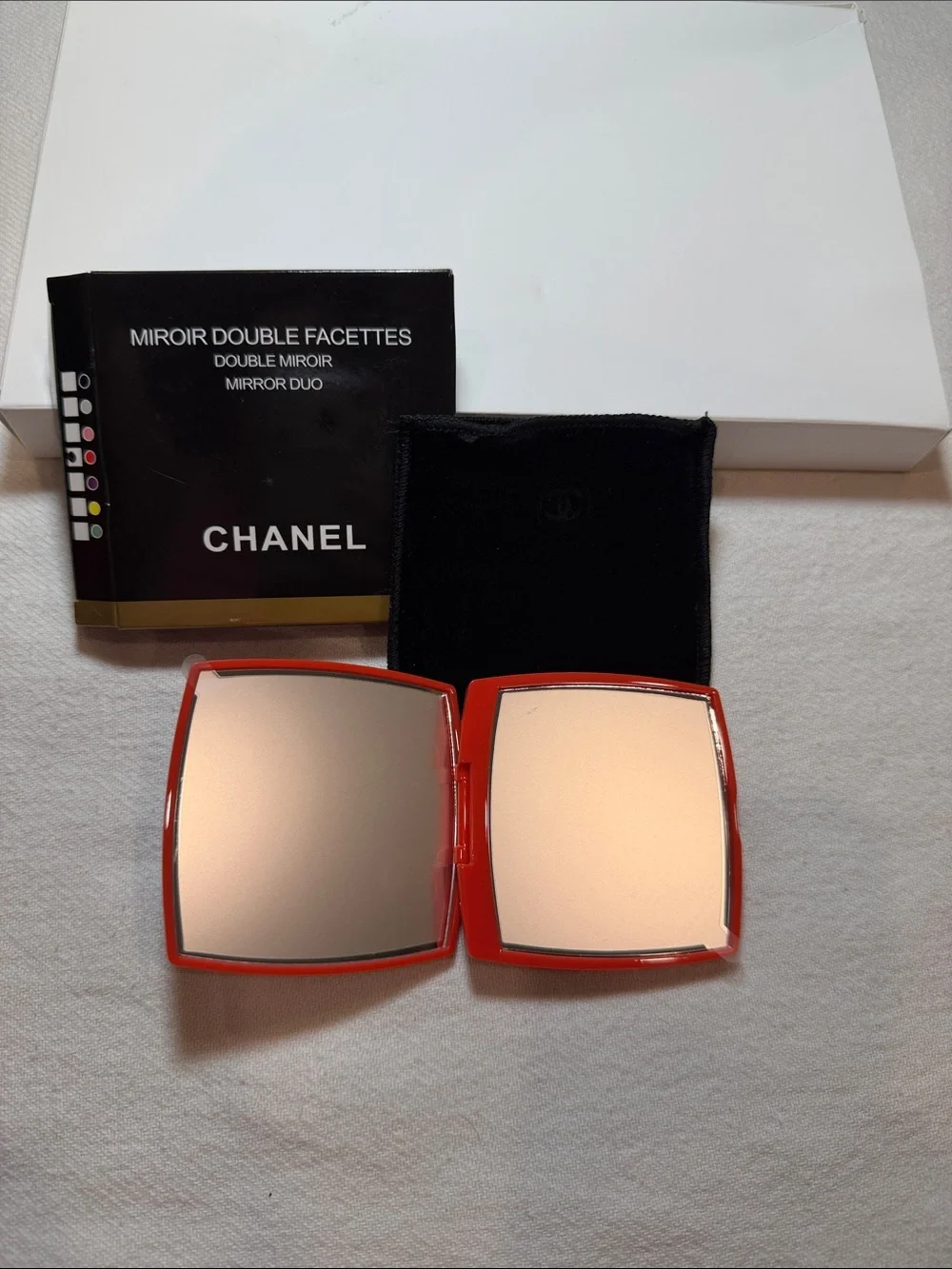 CHANEL Red Gloss Compact Mirror with Black Velvet Pouch